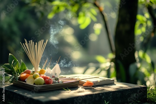 Burning incense sticks and offerings for ancestor veneration in nature photo