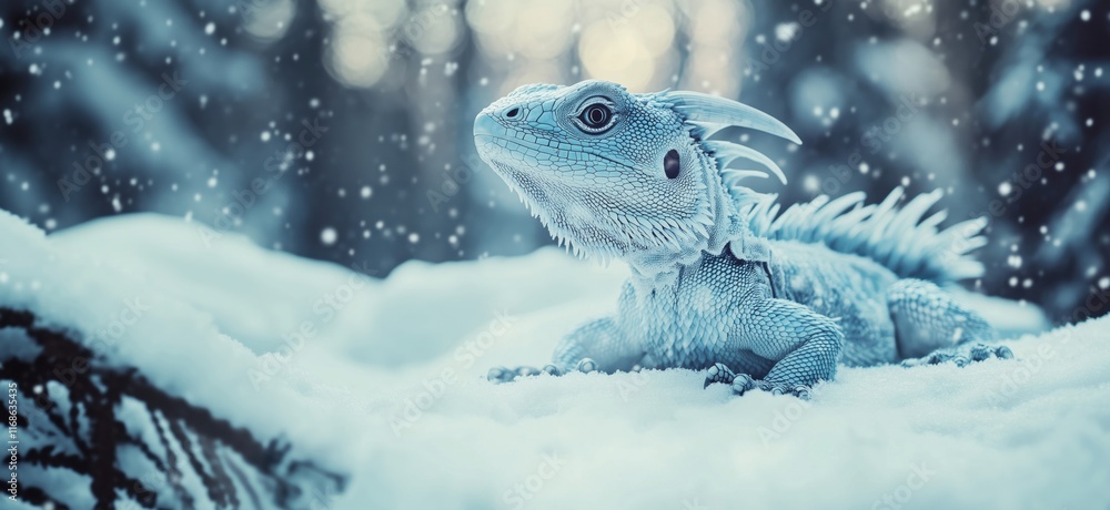 Iguana in Snowy Landscape, Winter Scene with Snowflakes, Blue and White Color Palette, Serene Nature Background, copy space for text Iguana in Snowy Landscape, Winter Scene with Snowflakes, Blue and White Color Palette, Serene Nature Background, copy space for text