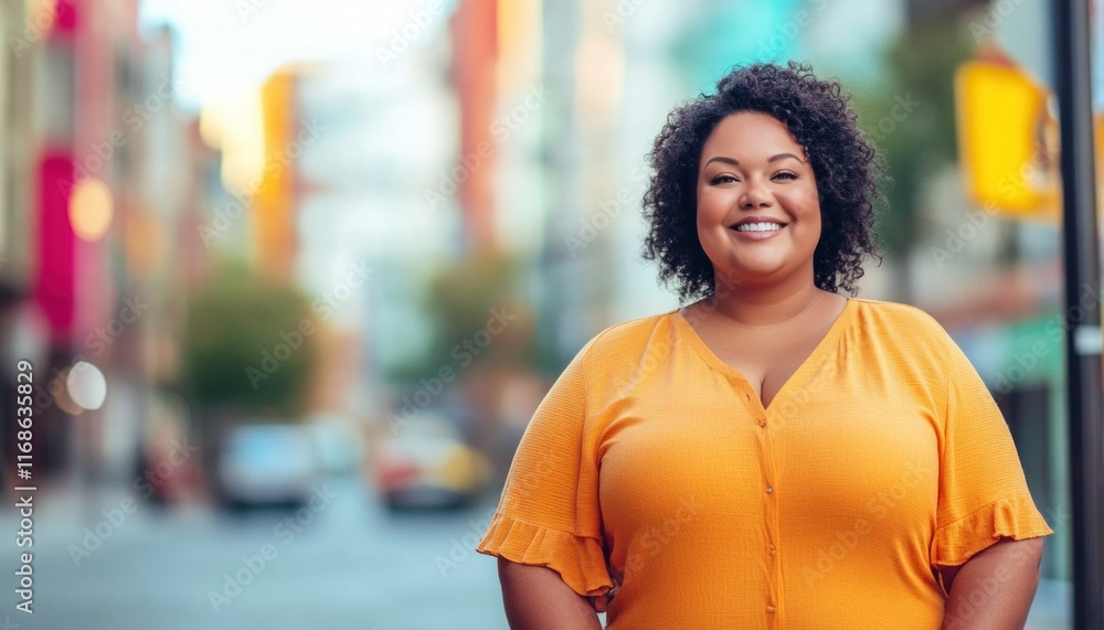 Portrait of smiling plus size woman standing on city street Portrait of smiling plus size woman standing on city street