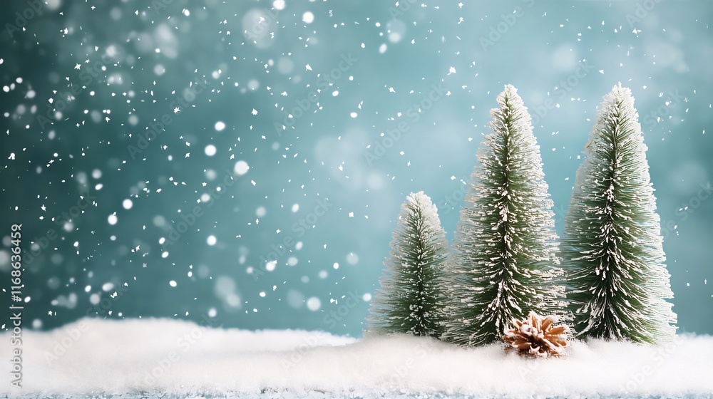 Snowy winter scene with three miniature fir trees and a pine cone. Snowy winter scene with three miniature fir trees and a pine cone.