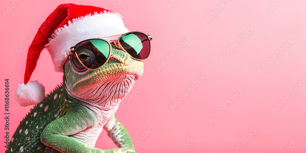 Fototapeta premium Festive Chameleon in Sunglasses and Santa Hat on Pink Background - Creative Holiday Imagery