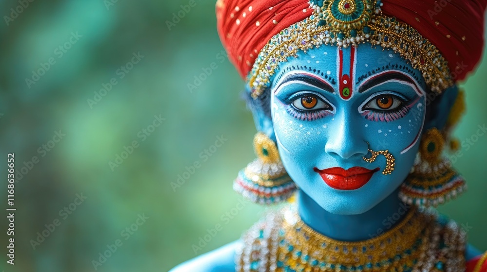 Close-up portrait of a person with blue face paint, red headdress, and gold jewelry, resembling a Hindu deity. Close-up portrait of a person with blue face paint, red headdress, and gold jewelry, resembling a Hindu deity.