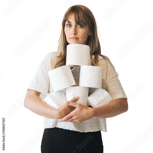 Woman with a pile of toilet tissue rolls photo