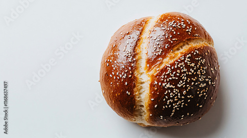 Golden-brown artisan bread with sesame seeds, overhead shot.