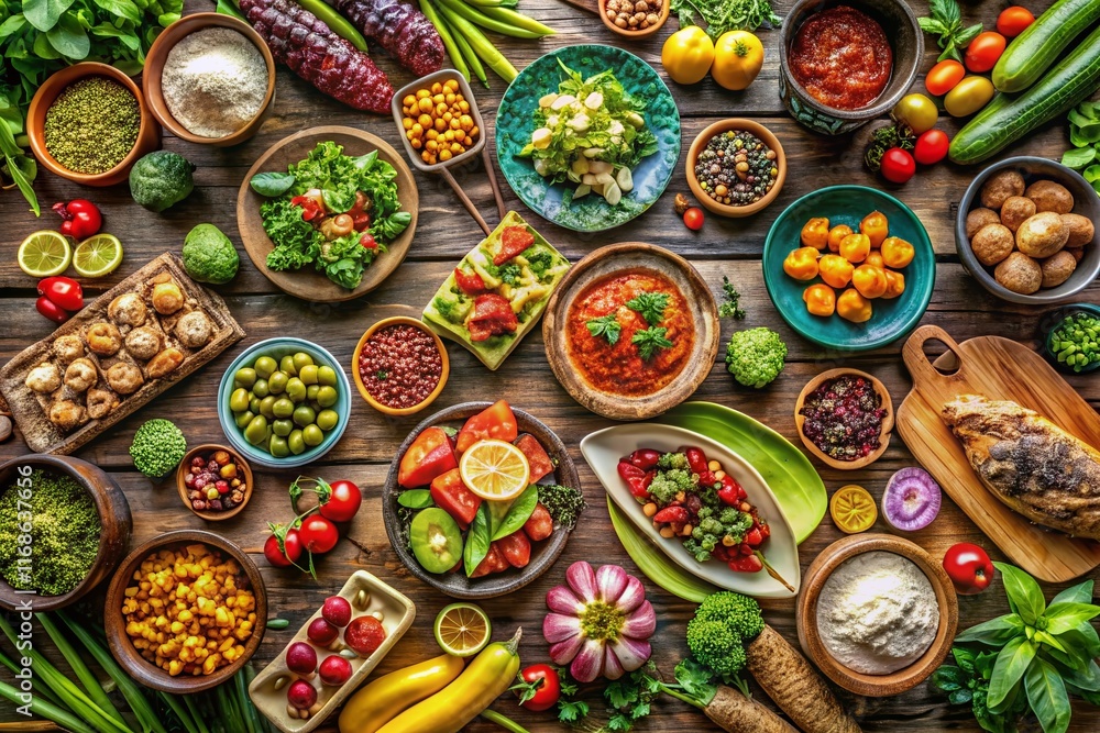 Fototapeta premium Aerial View of Abundant Food, Delicious Feast, Overhead Shot of Colorful Dishes, Culinary Delights from Above, Gourmet Food Photography