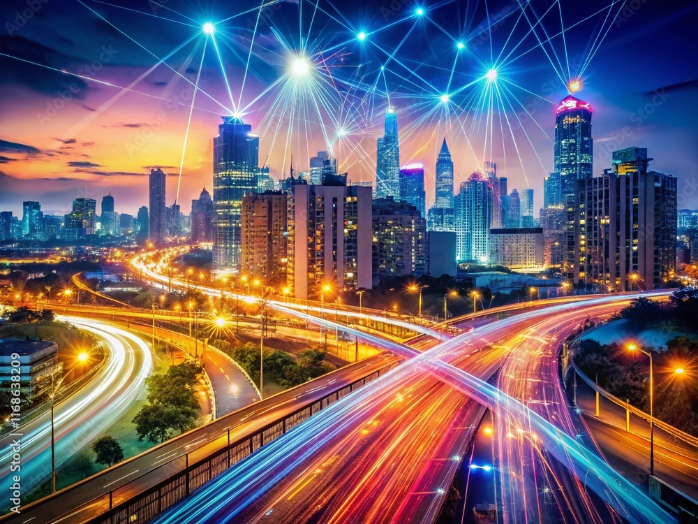 Futuristic Cityscape: Data Network & Fast Traffic Double Exposure Stock Photo Futuristic Cityscape: Data Network & Fast Traffic Double Exposure Stock Photo