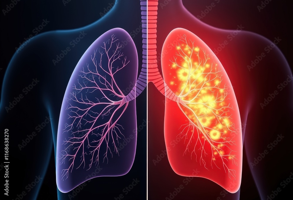 Vibrant contrast of healthy and damaged lungs highlights the effects of pollution and smoking on respiratory health Vibrant contrast of healthy and damaged lungs highlights the effects of pollution and smoking on respiratory health