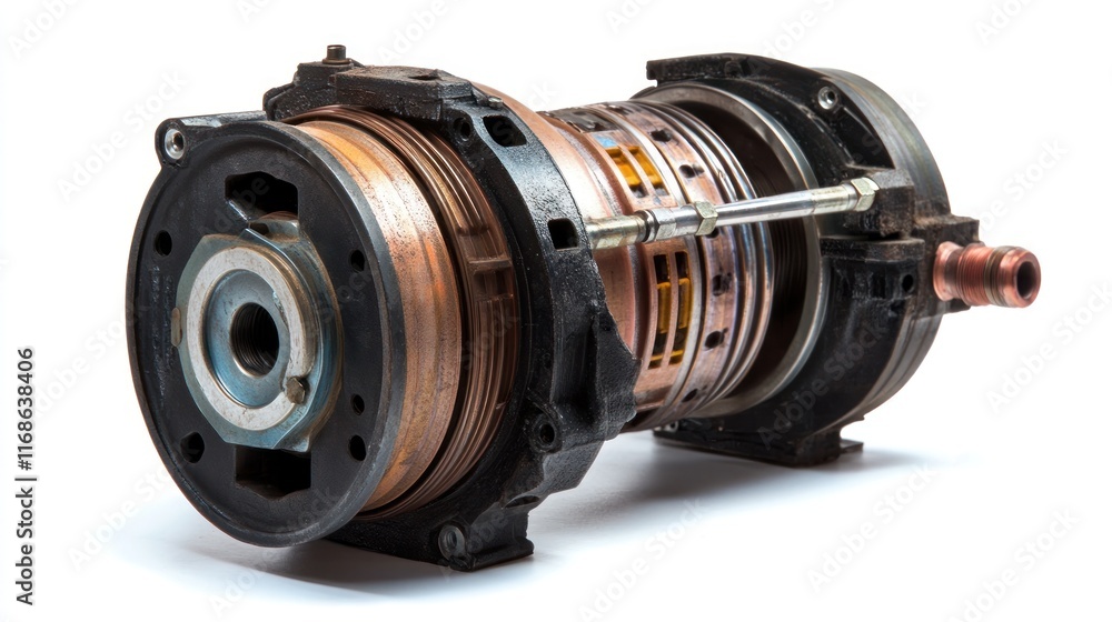 A close-up of a mechanical component, likely part of a compressor or engine system. A close-up of a mechanical component, likely part of a compressor or engine system.