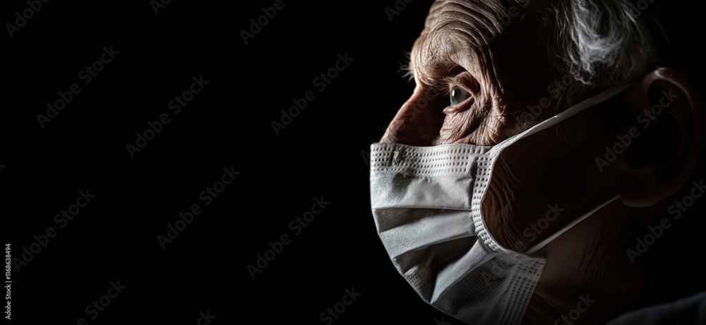 Elderly man wearing face mask, highlighting vulnerability and resilience during pandemic, dramatic lighting accentuating facial features, copy space for text Elderly man wearing face mask, highlighting vulnerability and resilience during pandemic, dramatic lighting accentuating facial features, copy space for text
