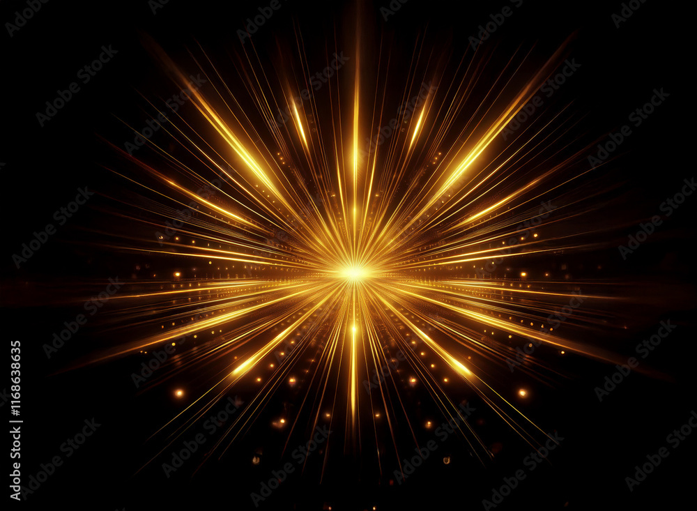 A radiant golden burst of light explodes from a central point, radiating outwards in a symmetrical pattern against a deep black background. Small, glittering lights speckle the edges of the burst. A radiant golden burst of light explodes from a central point, radiating outwards in a symmetrical pattern against a deep black background. Small, glittering lights speckle the edges of the burst.