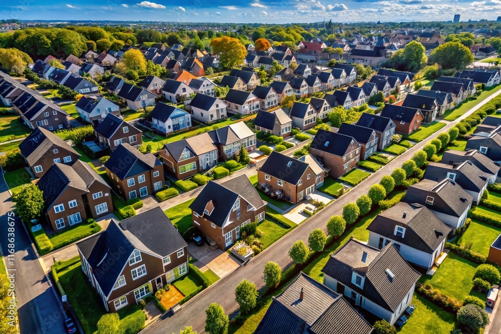 Fototapeta premium Aerial View of Black Brick Houses, Suburban Development, Drone Photography