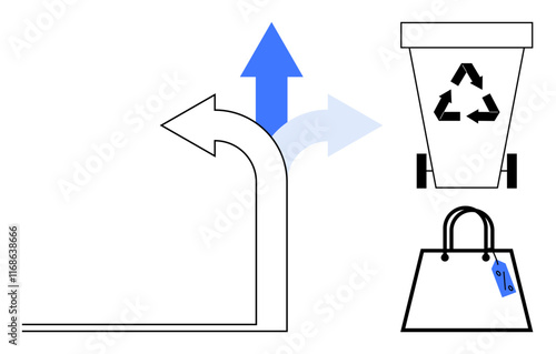 Curved arrows indicating a decision-making path options include a recycling bin with a recycling icon and a shopping bag with a price tag. Ideal for sustainability, choices, environment, consumerism