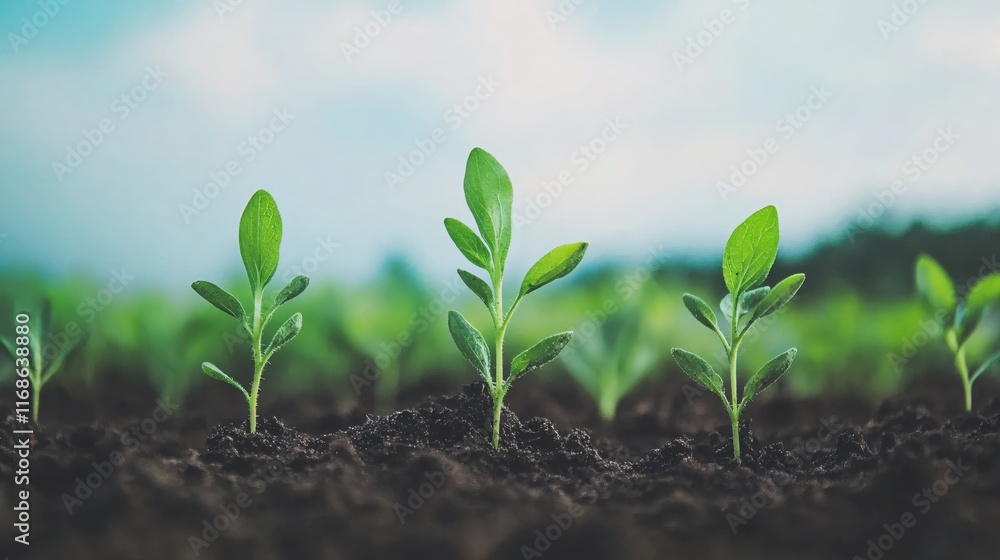 Fresh Green Seedlings Emerging from Dark Soil Under Bright Blue Sky Fresh Green Seedlings Emerging from Dark Soil Under Bright Blue Sky