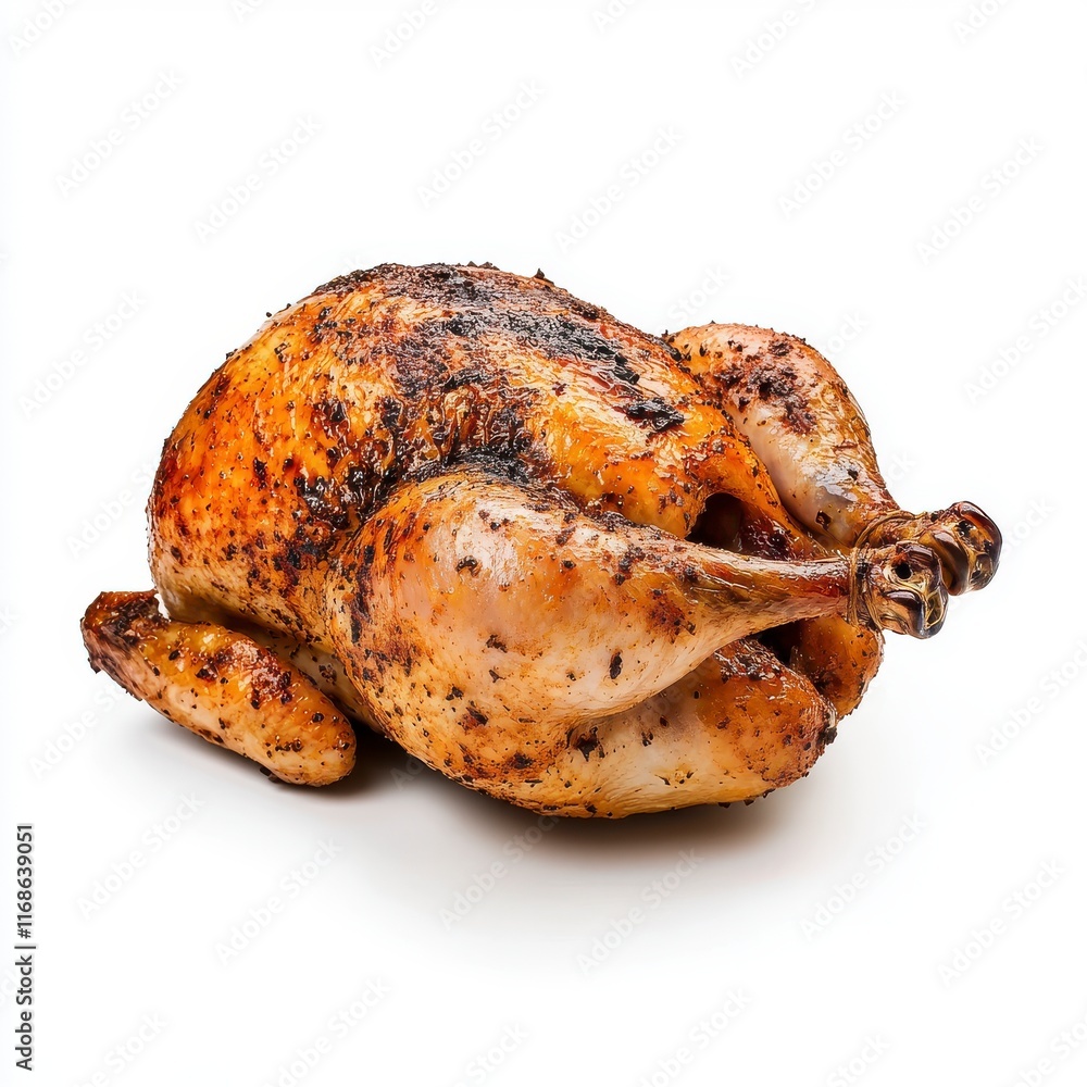 Whole Roasted Chicken with Crispy Skin on White Background Whole Roasted Chicken with Crispy Skin on White Background