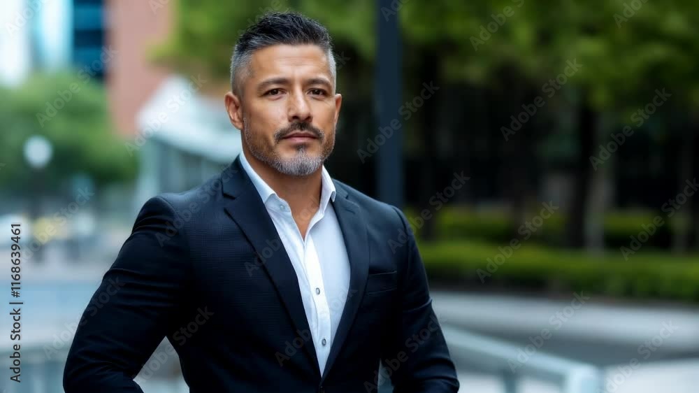 Executive in black suit and white shirt standing near urban buildings. Business and leadership content Executive in black suit and white shirt standing near urban buildings. Business and leadership content