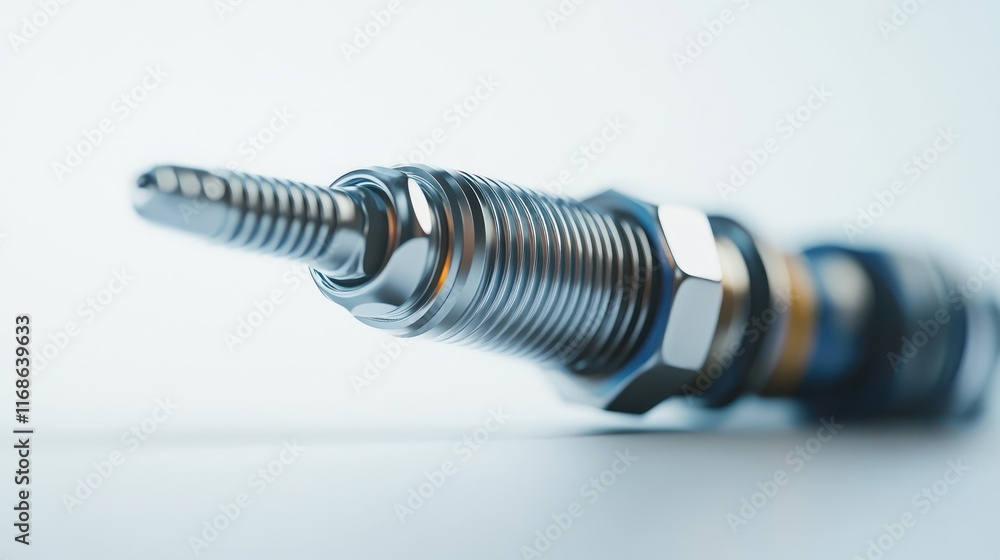 A close-up of a metallic spark plug, showcasing its detailed structure and design. A close-up of a metallic spark plug, showcasing its detailed structure and design.