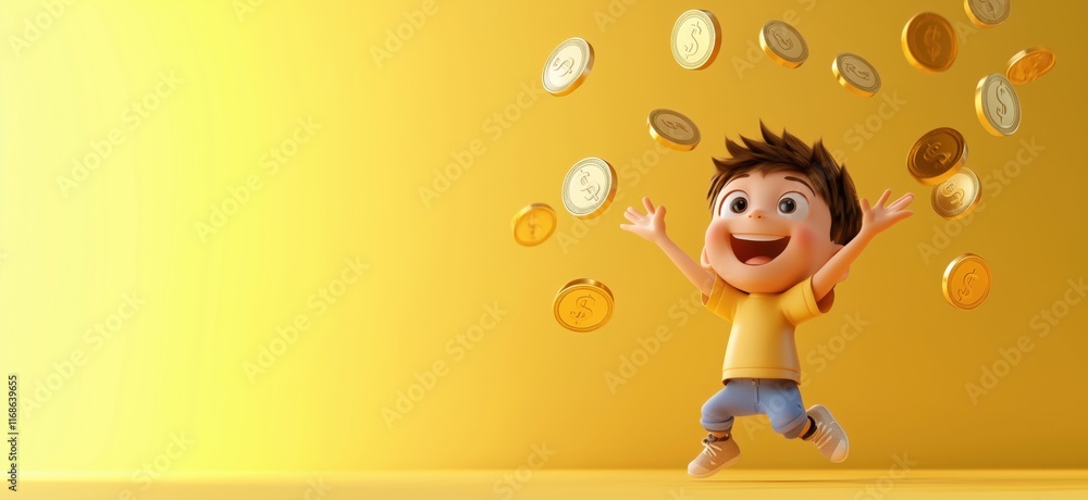 Happy child celebrating with flying gold coins in a bright yellow background, joyful expression, playful atmosphere, cartoon style, copy space for text Happy child celebrating with flying gold coins in a bright yellow background, joyful expression, playful atmosphere, cartoon style, copy space for text