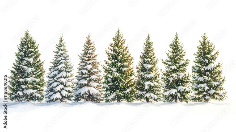 Obraz premium Row of snow covered fir trees isolated on white.