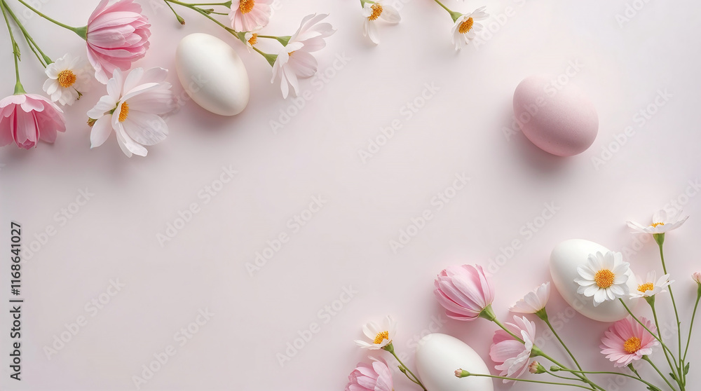 Easter eggs and spring flowers creating a frame on pink background Easter eggs and spring flowers creating a frame on pink background