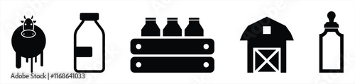 Black and White Icon Set Representing Dairy Industry and Farming Elements