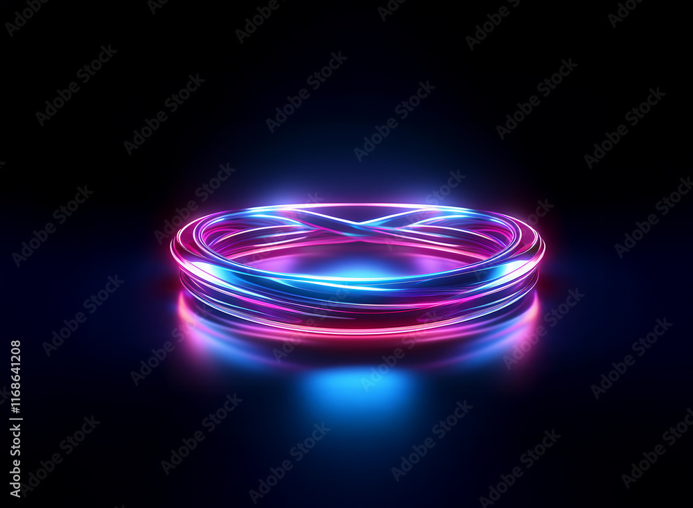 Glowing neon ring, vibrant pink and blue hues, intertwined, reflecting on dark surface. Modern, futuristic, abstract design. Glowing neon ring, vibrant pink and blue hues, intertwined, reflecting on dark surface. Modern, futuristic, abstract design.
