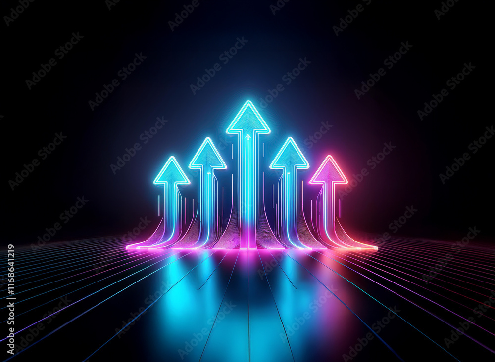 Fototapeta premium Five vibrant neon arrows ascend, glowing brightly against a dark, reflective floor. Their upward trajectory symbolizes growth and progress. The vibrant colors create a dynamic, futuristic feel.