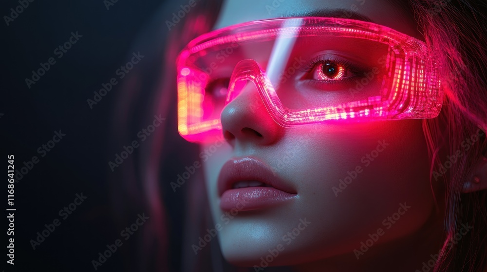 A close-up of a person wearing futuristic neon glasses, highlighting a vibrant aesthetic. A close-up of a person wearing futuristic neon glasses, highlighting a vibrant aesthetic.