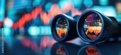 Binoculars with financial data reflections, symbolizing market analysis and investment strategies, against a blurred stock market background, copy space for text