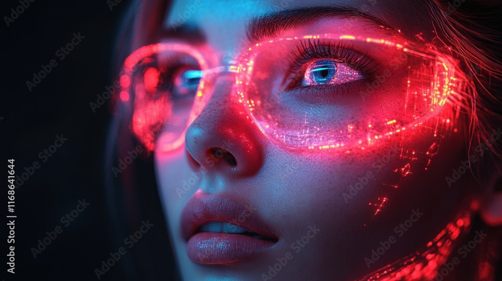 A close-up of a person wearing glowing glasses, showcasing a futuristic aesthetic. A close-up of a person wearing glowing glasses, showcasing a futuristic aesthetic.