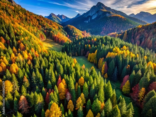 Aerial View of Fir Tree Logging, Monte Ruke, Sauris di Sopra, Italy - Late September photo