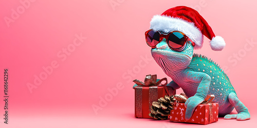 A Festive Chameleon in Sunglasses and Santa Hat with Christmas Gifts on a Pink Background