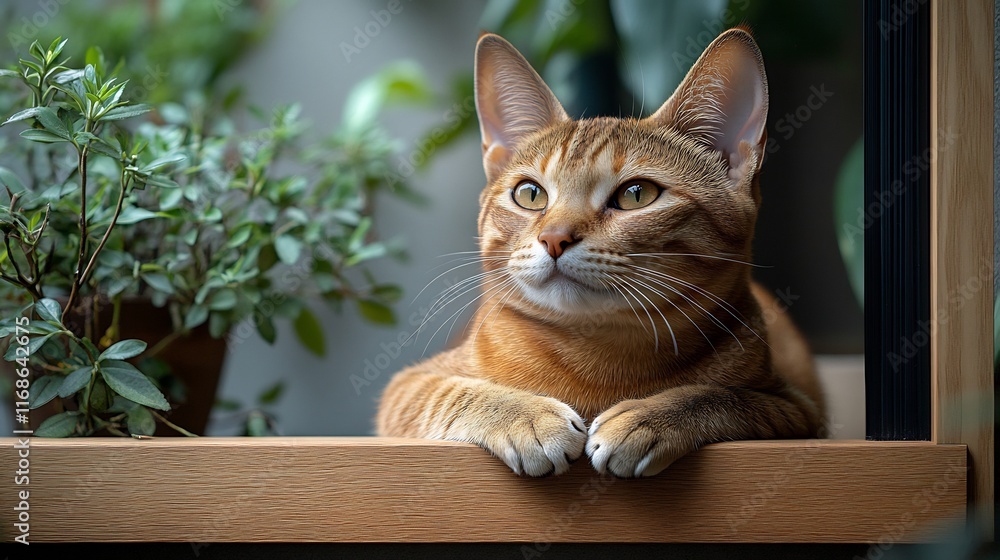 Close-up Photo: Curious Ginger Cat Serenely Rests Amidst Lush Indoor Greenery. AI Generated Close-up Photo: Curious Ginger Cat Serenely Rests Amidst Lush Indoor Greenery. AI Generated