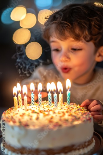 Child celebrating a birthday with a cake full of candles while making a wish in a cozy setting photo