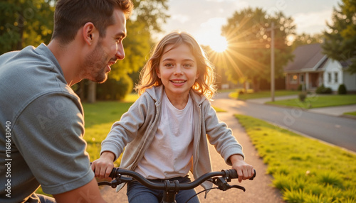 Wallpaper Mural Father teaching daughter to ride a bicycle in golden hour, family bonding Torontodigital.ca