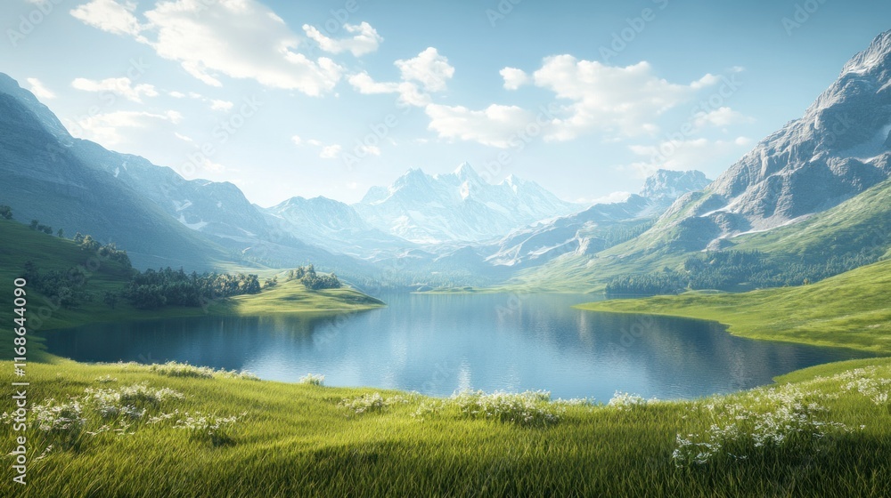 A stunning alpine landscape, green meadows sloping into a sparkling lake, framed by dramatic mountain ranges under a clear sky A stunning alpine landscape, green meadows sloping into a sparkling lake, framed by dramatic mountain ranges under a clear sky