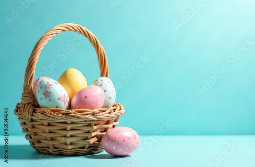 Easter egg basket with blank pastel blue background for cheerful seasonal branding and promotions photo