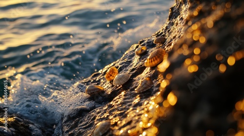 A sunset shot of the rocky coastline at Sintra Cascais Natural Park, Portugal, with limpets illuminated by warm light on a wave-sprayed boulder
