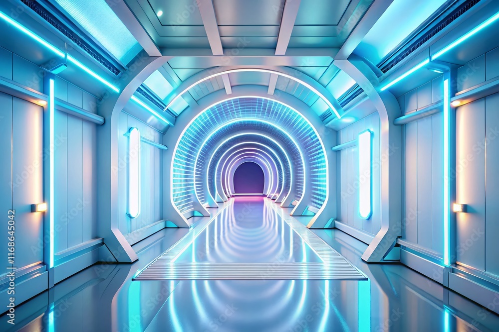 Futuristic White 3D Room: Abstract Neon Tunnel for Modern Studio Display - Stock Photo