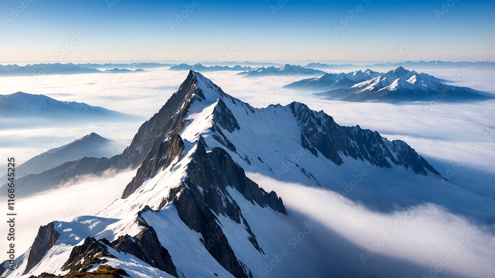 Snowcapped Mountains Surrounded by a Sea of Fog in a Majestic Landscape Snowcapped Mountains Surrounded by a Sea of Fog in a Majestic Landscape
