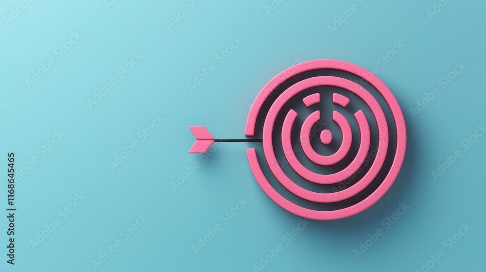 Pink Target Symbol with Arrow on a Light Blue Background for Conceptual Illustration Pink Target Symbol with Arrow on a Light Blue Background for Conceptual Illustration