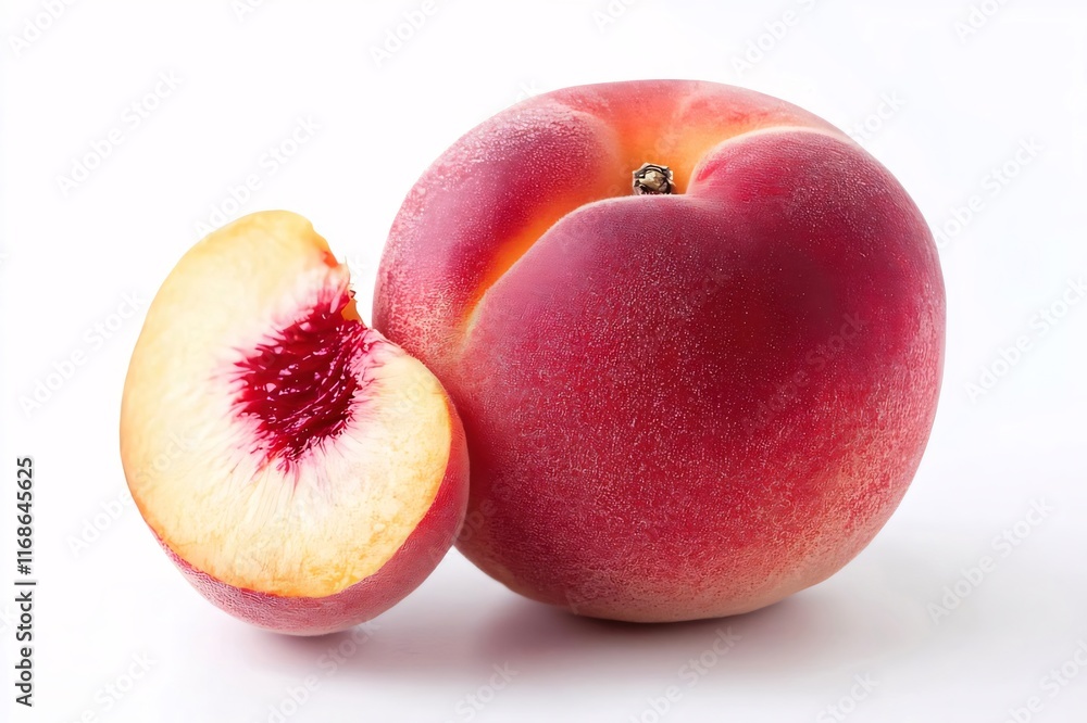Ripe peach and half showing juicy flesh and pit. Ripe peach and half showing juicy flesh and pit.