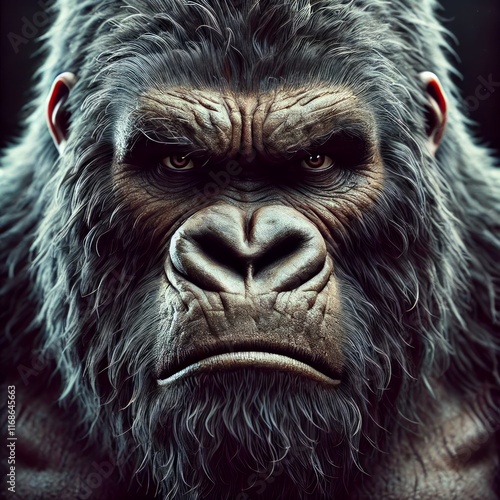 Powerful Portrait of a Moody and Angry Gorilla with an Intense Gaze, Embodying Strength and Primal Majesty