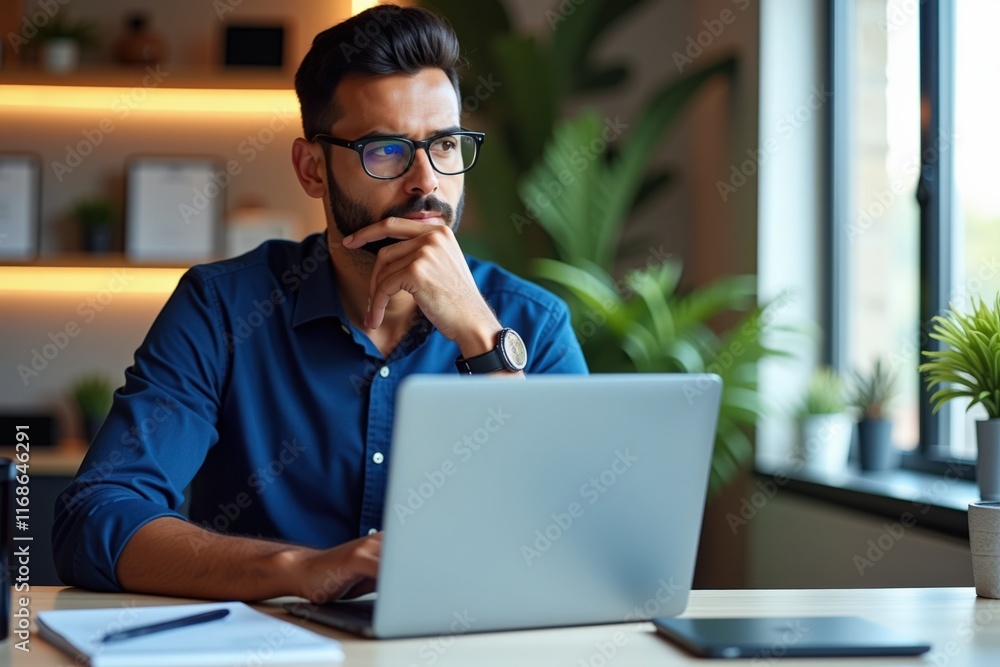 Focused young man in blue shirt working on laptop in modern office, ideal for business, marketing, and website content. Focused young man in blue shirt working on laptop in modern office, ideal for business, marketing, and website content.