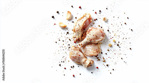 Raw chicken legs with garlic and peppercorns on white background.