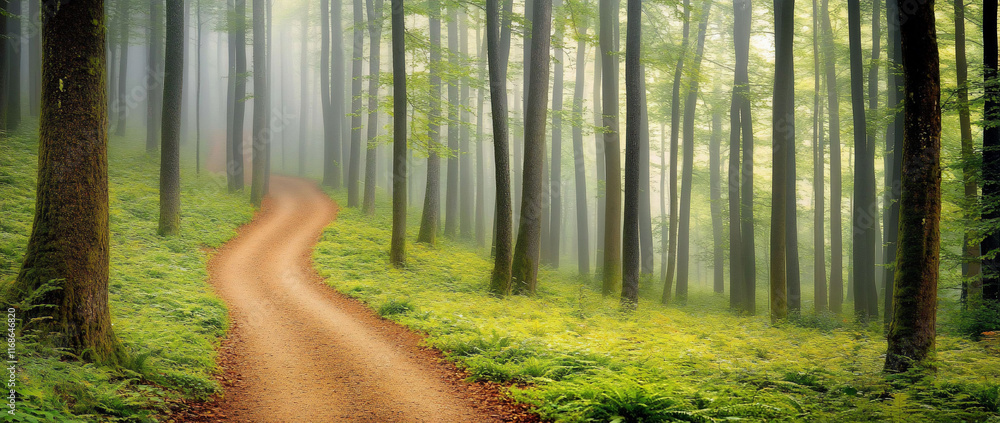 Fototapeta premium Misty forest path winding through lush greenery.
