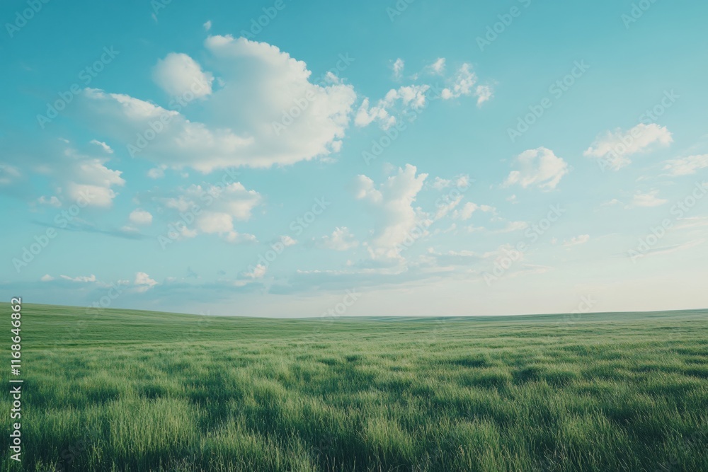 Obraz premium Serene Landscape with Lush Green Grass Under a Clear Blue Sky and Soft Clouds