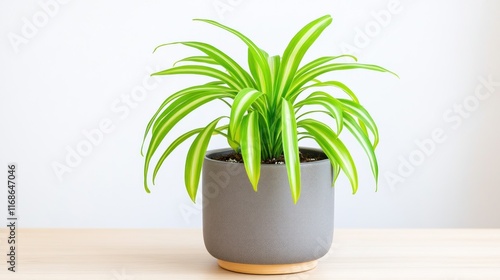 A vibrant green plant in a modern pot on a wooden surface.