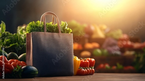 Rustic Grocery Bag Mockup with Local Produce in a Traditional Village Market. Generative AI photo