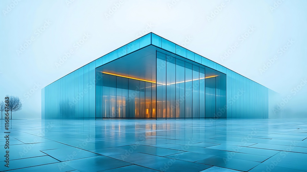 Modern glass building in fog, reflecting light. Modern glass building in fog, reflecting light.