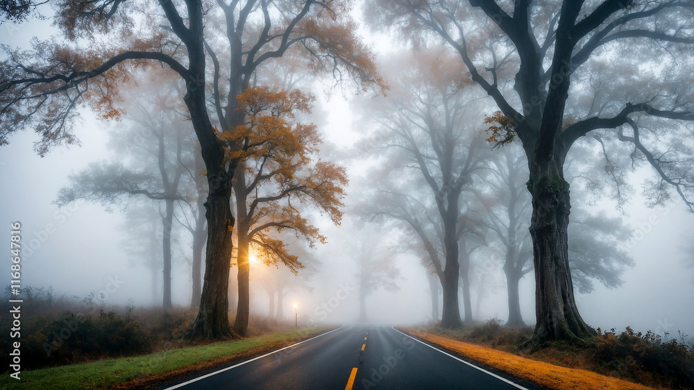 Wide Angle View of Fog-Covered Trees Lining a Serene Road Wide Angle View of Fog-Covered Trees Lining a Serene Road